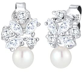 Elli PREMIUM Ohrringe Damen Süßwasserperle Floral mit Zirkonia Kristalle Marquise in 925 Sterling Silber
