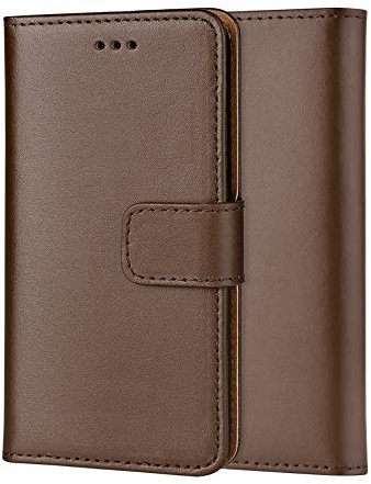 ameego MK-209 Premium Genuine iPhone 5/5S/SE Real Leather Flip Wallet Magnetic Kickstand Slim Book Case with Card Slot (Brown)