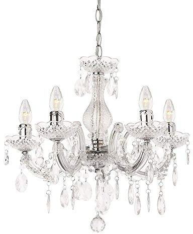 LITECRAFT Marie Therese Chandelier Ceiling Light Crystal Effect 5 Arm - (Polished Chrome, with LED Bulbs)