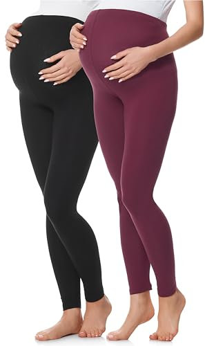 Be Mammy Lote de 2 Legging Grossesse Femme Long Legging Maternité Confortable BE20-230 (Noir/Bordeaux, XXL)
