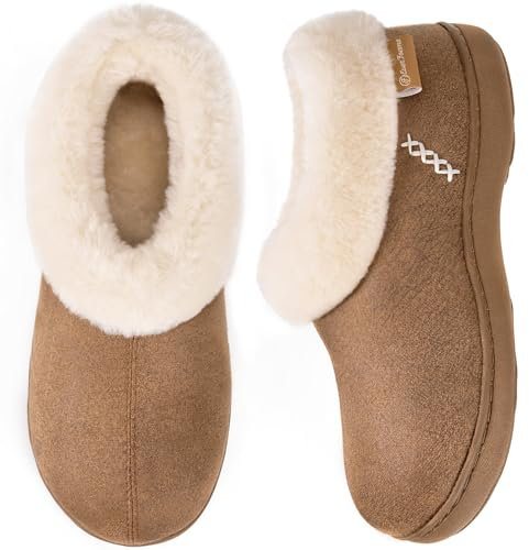 EverFoams Ladies' Micro Suede Memory Foam Slippers with Fluffy Faux Fur Collar and Indoor Outdoor Rubber Sole Tan, Size 9-10 UK