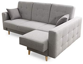 Robin Hilton Ecksofa mit Schlaffunktion Bettkasten 2 Kissen Sofa L-Form Schlafsofa Freistehende Eckcouch Schlafcouch Wohnzimmermöbel Wohnlandschaft Rechts Silber