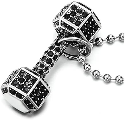 COOLSTEELANDBEYOND Langhantel Hantel Anhänger mit Schwarz Zirkonia Edelstahl Halskette für Herren Damen, 60cm Stahl Kugelkette