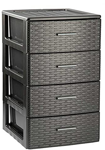 Tradineur - Cajonera de ordenación Rin Rattan, plástico, 4 cajones, efecto mimbre, torre almacenaje, fabricada en España (Gris antracita - 61,5 x 36,5 x 36,5 cm)