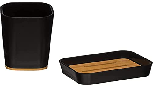 FIVE Kit SDB Noir Natureo, Polystyrène et Bambou, Porte-Savon : 11,9 x 8,7 x 2,8 cm Verre : 11,6 x 7,3 x 7,3 cm