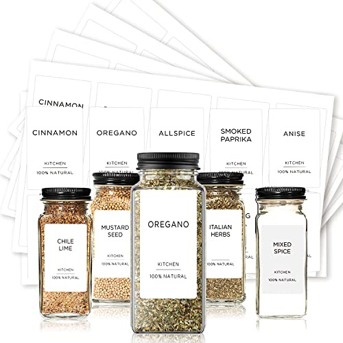 Etiquetas para tarros de especias v2croft, 140 piezas, etiquetas adhesivas minimalistas preimpresas en blanco con texto negro, etiquetas impermeables modernas de estilo granja para la organización de