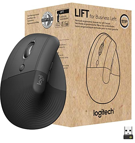Logitech Lift for Business Left, Vertical Ergonomic Mouse - Left-Handed, Wireless, Bluetooth or Secured Logi Bolt USB, Quiet clicks, Globally Certified, Windows/Mac/Chrome/Linux - Graphite