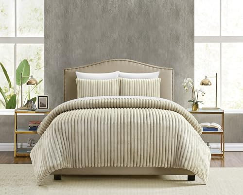 Chic Home Fargo 3-teiliges Steppdecken-Set aus Mikroplüsch, gesteppt, mit Micromink-Rückseite, Kissenbezüge, Queen-Size-Bett, Beige
