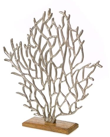 Koralle auf Stand, Aluminium, (vernickelt), auf Mangoholz, ca. 38 x 8 x 41 cm H
