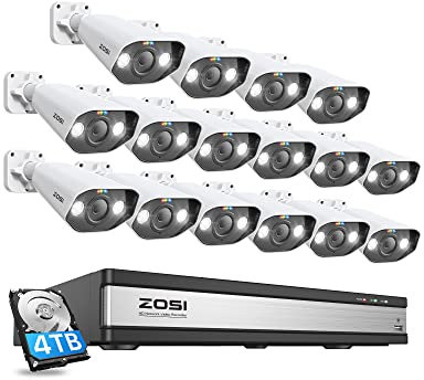 ZOSI 5MP Überwachungskamera Set Aussen, 16CH 4K 4TB PoE NVR und 16X 5MP PoE IP Kamera für 24/7 Audio- & Videoüberwachung, Personenerkennung, Farbnachtsicht