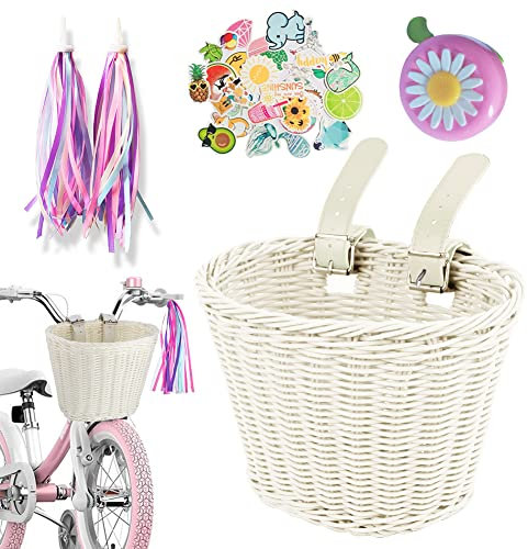 Fahrradkorb Kinder Vorne Hinten - IVEOPPE Fahrradzubehör Kinder Set mit Geflochten Fahrradkorb Kinder, Lederriemen, Fahrradklingel, Luftschlangen, Aufkleber, Geschenke für Kinder