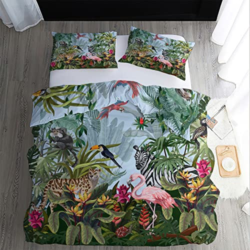 Dschungel Bettwäsche 155x220, Tropische Pflanzen Tiere Microfaser Bettbezug Set 2 Teilig - Weich & Angenehm & Atmungsaktiv, 1 Bettbezüge mit Reißverschluss + 1 Kissenbezug 80x80 cm