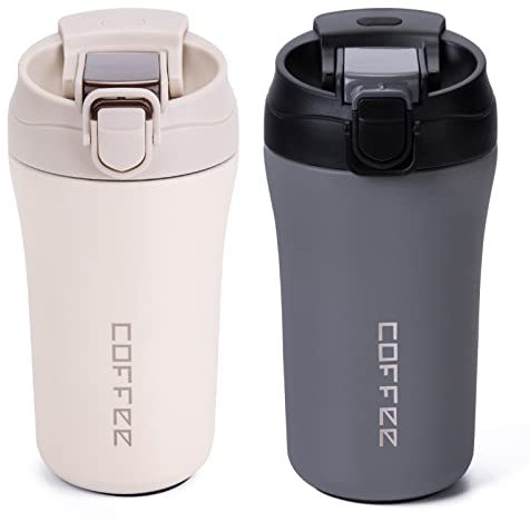 XIAPIA Thermobecher Kaffeebecher To Go 400ml 2er Set, Edelstahl Auslaufsicher Reisebecher mit Strohhalm, Doppelwandig Isolierbecher für Kaffee Tee Glühwein, Heiß und Kalt (Weiß & Grau)