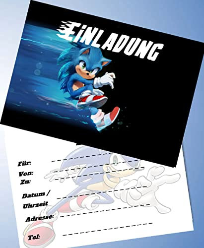 ich 12 Einladungskarten & 12 Umschläge für Geburtstag Partys und Kindergeburtstag Kompatibel mit Sonic the Hedgehog Nr.9