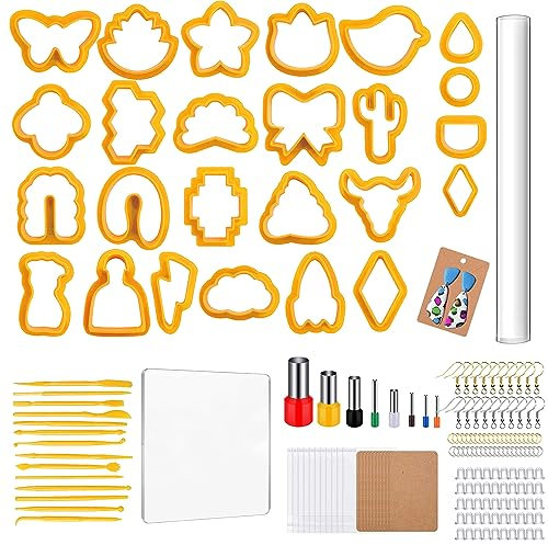 Allazone Polymer Clay Cutters Set - 219 Pcs with Acrylic Clay Roller, Earring Cards, Hooks for Jewelry Making (Orange)