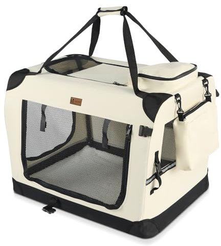 VOUNOT Hundebox faltbar, Transportbox Katze Hunde, Hundetasche, Oxford-Gewebe, Netzstoff, Atmungsaktiv, Transportabel, Metallrahmen, mit Griffen, Taschen, 70x52x52cm L, Beige