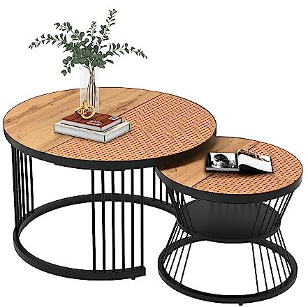 Merax Lot de 2 tables basses rondes - En plastique - Avec motif rotin - Pour salon, salle de réception, balcon et bureau - Structure en métal - Forme unique - Naturel et noir