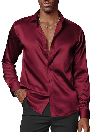 PaulJones Christmas Shirts for Men UK Long Sleeve Smart Casual Satin Dress Shirt Silk Shirts L Wine Red
