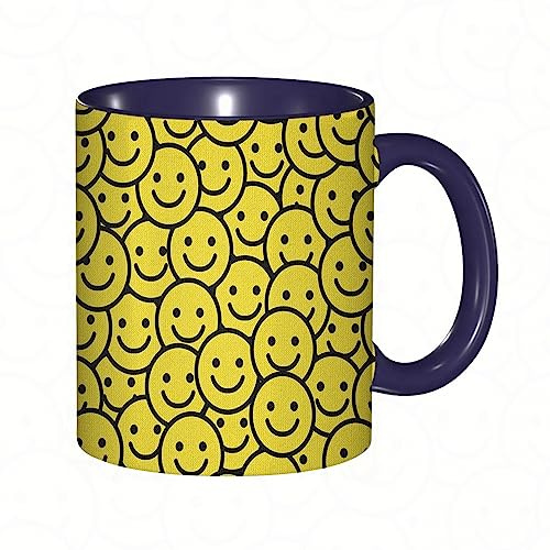RFSHOP Coffee Mug Black and Cheerful Cartoon Style Round Face Smiling Happy Mood Expression Black Mustard Print 11Oz Ceramic Tea Cup with Handle for Home Office Christmas Birthday