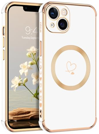 DOMAVER Case for iPhone 13 [Compatible with Magsafe] Luxury Gold Heart Design Slim Shockproof Soft TPU Cover for Girls Women Men,Protective Magnetic Phone Case for iPhone 13 6.1inch, Lvory White