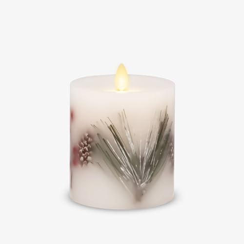 Luminara Embedded Flameless LED Candle - Pine Berries 3.5 x 4.5 - Moving Flame Pillar, Battery Operated Timer, Real Wax, Unscented, Safe