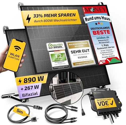 Solakon 900W Balkonkraftwerk mit Halterung (Balkon) - Balkonkraftwerk 800W komplett Steckdose - 800 Watt Wechselrichter - Solaranlage Komplettset - 450W bifaziale Solarmodule inkl. Zubehör - 5m Kabel