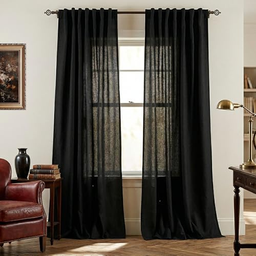 Mrs.Naturall Leinenvorhänge, für Wohnzimmer, lichtfilternd, halbtransparent, für Schlafzimmer, hohe Decke, Balkon, großes Fenster, 274 cm, 2 Paneele, Schwarz