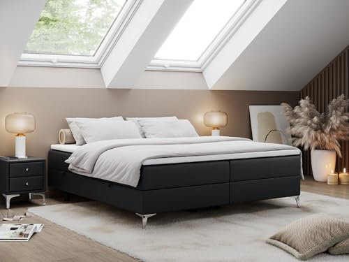 MKS MEBLE Boxspringbett 140x200 ohne Kopfteil mit Bettkasten, Bett 140x200 niedriges Kopfteil, Polsterbett 140x200 ohne Kopfteil - Less - Schwarz Kunstleder - H3