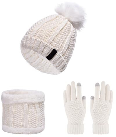 1 Strickset, bestehend aus Strickmütze, Schal und Handschuhen, warm und modisch im Winter, perfekt für winddichte Wärme. (Weiß)