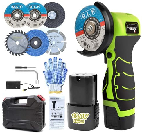 ZFULVO Cordless Brush Angle Grinder Kit, 19500rpm Mini Electric Angle Grinding Tool with 1pcs 16.8V 2000mAh Batteries and 5-Cutting Discs, Grinder Handheld Cutter for Metal Wood (Light Green)