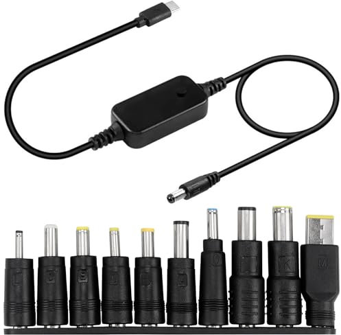 PD zu DC Adapter Kabel, Typec-Stecker Auf Dc5521-Stecker, Einstellbare Tastenspannung 5 V/9 V12 V/15 V/20 V mit 10 Multifunktionalen Adaptersteckern Geeignet für Modem-Router, Laptops, Etc
