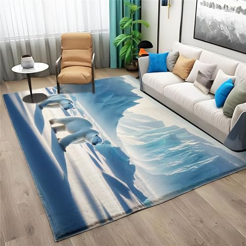 Waschbarer Teppich Grösse : 160x230cm Tierisches EisbäRen-Paarmuster Teppich Wohnzimmer Schlafzimmer, Kurzflor Flauschig Teppiche, Anti-Rutsch Unterseite Teppich, Weiß Kinder Teppich Dekoration