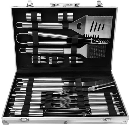 Lehmann LGAGA-YAN006 Grillbesteck Set im Koffer, 26-teiliges Grillzubehörset aus Edelstahl, BBQ Grill Zubehör im Metallkoffer, Hochwertiges Grill-Set, Grill Geschenke für Männer