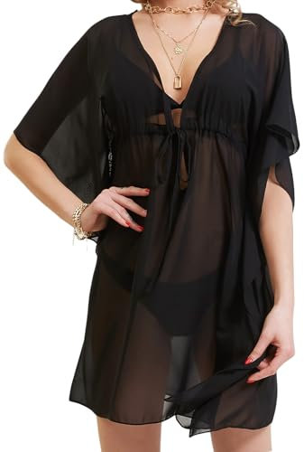 MIZSPISE Beach Cover Up Summer Dress Sheer Beachwear for Women Chiffon Ladies Coverups Black Sundress See Through Cover Ups Swimsuit Casual Holiday Swimming Costume Lightweight