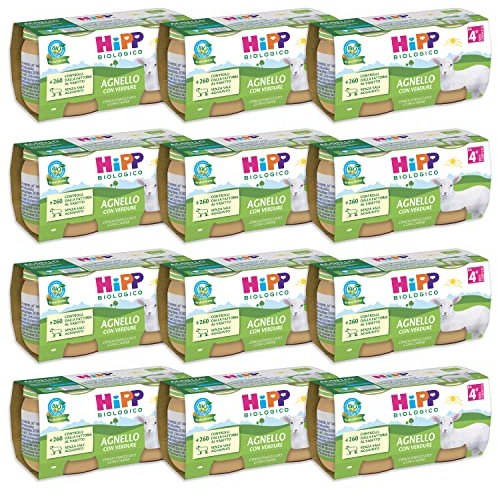 HiPP - Omogeneizzato di Carne Biologico per Neonati, Gusto Agnello con Verdure, Senza glutine, Senza Sali e Aromi Aggiunti, Carne Bio, 24 Vasetti da 80 g