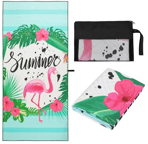 MoKo Serviettes de Plage en Microfibre, Couverture de Plage à Séchage Rapide et Anti-Sable avec Impression Recto-Verso, Tapis de Plage Pliable Portable avec Sac de Rangement en Filet, Flamant Rose