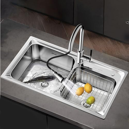 Fregadero cocina，fregadero cocina 2 senos，fregaderos rusticos，fregadero de acero inoxidable，Con grifo extraíble a presión y escurridor telescópico, apto para cocinas, bancos de trabajo, exteriores, re