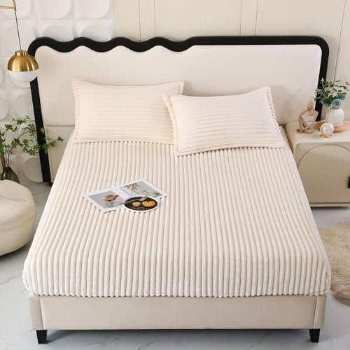 SASIGAYA Spannbettlaken Weiß 150×200cm Flanell Spannbetttuch Winter Plüsch Fleece Spannbetttucher Superweiches Matratzenschoner Flauschig Warme Bettlaken für Boxspringbett Topper Matratzen bis 25cm