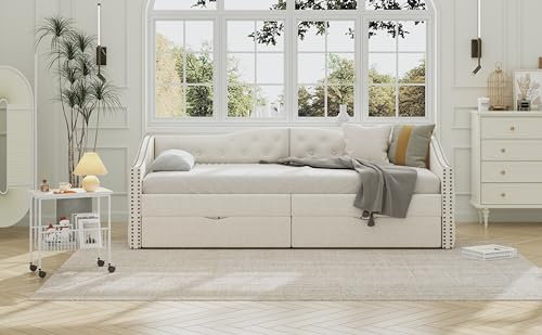 KAZZIO 90 * 200cm Sofabett, Tagesbett, Einzel-Tagesbett mit Schubladen, großer Stauraum (beige)