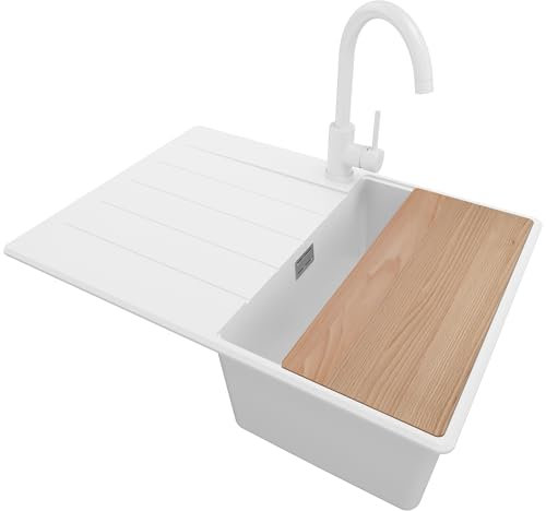 PRIMAGRAN Evier Cuisine en Granit Blanc 70x50cm, Lavabo 1 bac + Robinet 32x20cm + Set d’accessoires, Évier à Encastrer al mueble 40cm - Copenhague S360