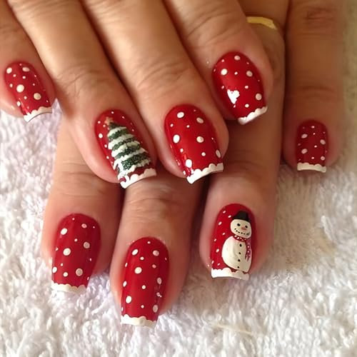 24 Stück Weihnachten Nägel Zum Aufkleben Kurz - Rot Falsche Nägel Schneemann Press On Nails - Quadratisch künstliche Nägel zum aufkleben - Winter Christmas Geschenk (Red with Snowman Tree)