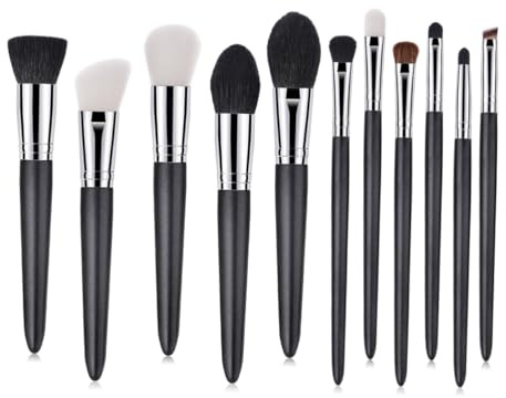 Set de Pinceaux Maquillage Professionnels 11 Pièces, T-11-005, Bois Laine | Finition Noir, Usage Maison et Voyage, Toucher Soyeux, Application Crème, Teint Uniforme