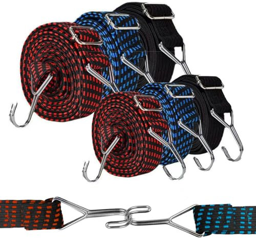 Realjoy 6 Pièces Tendeurs Elastique avec Crochets,0.5M+1M Sandow Elastique Réglable pour Vélos,Moto,Barres de Toit,Fixation des Bagages, Camping (Noir,Bleu,Rouge)
