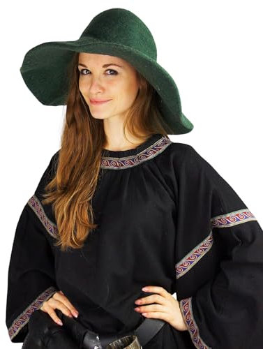 Leonardo Carbone® Damen Kopfbedeckung Handgefertigter Hut Eleganz | Breite Krempe | Mittelalter Stil | Karneval, Halloween, Cosplay, LARP, Hexenhut, Kostüm | 100% Wolle Grün