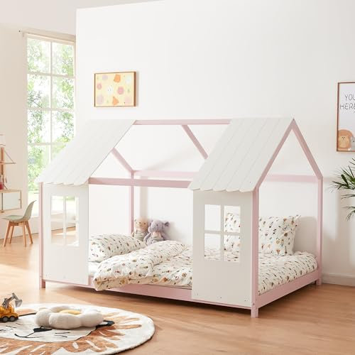[en.casa] Kinderbett Tostedt Hausbett Jugendbett Bettenhaus Spielbett Halboffenes Design Montessori Bett aus massiver Kiefer Bettgestell Holz 140x200cm Rosa/Weiß