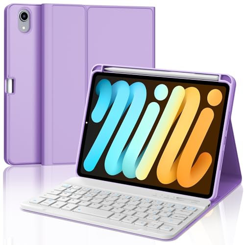 JADEMALL Coque Clavier pour iPad Mini 7 (A17 Pro) 2024/ Mini 6 2021 8.3, AZERTY Clavier Bluetooth Détachable pour iPad Mini 7/6 8.3, Violet Clair