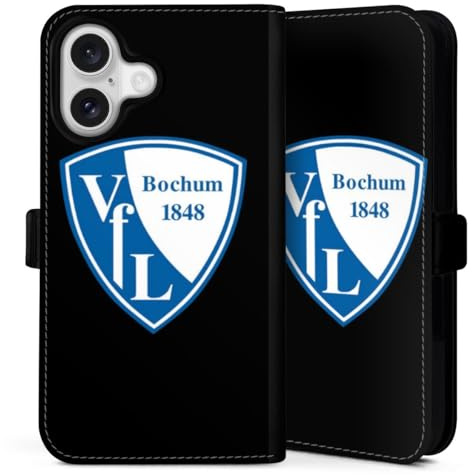 Klapphülle kompatibel mit Apple iPhone 16 Handyhülle aus Kunst Leder schwarz Flip Case VFL Bochum Offizielles Lizenzprodukt Wappen