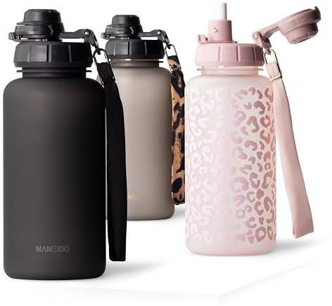 MAMEIDO Gourde 1l avec Paille & Marqueur de Temps de Motivation, Gourde Sport avec Dragonne, Gourde Enfant étanche, Bouteille d'eau sans BPA, Water Bottle (Rich Black, 1000ml)