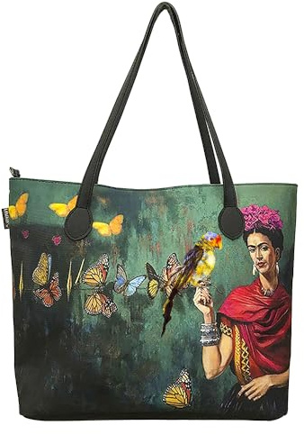 Merinda Frida Schultertasche mit Papagei und Schmetterlingen, Kunsttasche, Schwarz