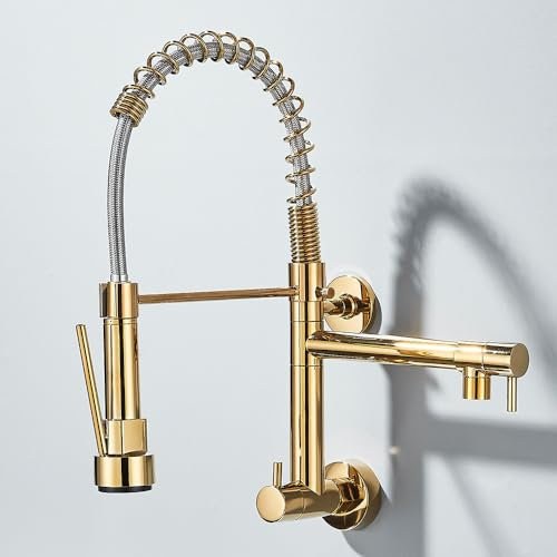 SEPZPRDM Grifo de Cocina abatible de Pared con Resorte, Grifo de Cocina de Agua fría Individual, Grifo de grúa de Agua con rotación de 360 Grados para Cocina, Dorado